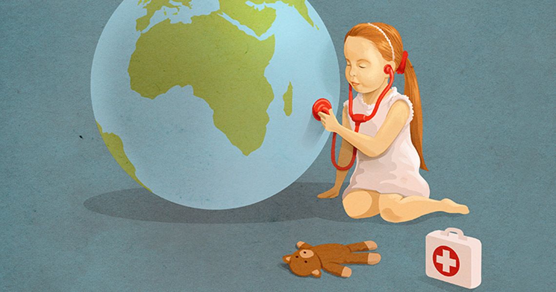 Graphic of a girl holding a stethoscope to a globe