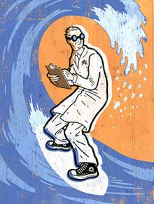 Illustration of a researcher riding a wave