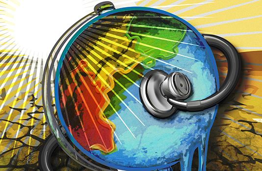 Climate change graphic of stethoscope on globe