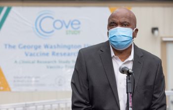 Clinical Trial volunteer Terrance Stroman speaking during a visit to GW’sclinical trial site by Moncef Slaoui, PhD, MBA, chief adviser for the U.S. Department of Health and Human Services’ COVID-19 vaccine development initiative Operation Warp Speed. Clinical Trial volunteer Terrance Stroman