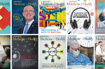 Covers of past print editions of Medicine + Health magazine